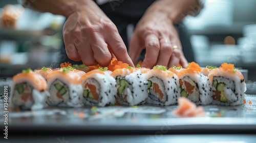 Sushi chef making rolls of popular Japanese food.