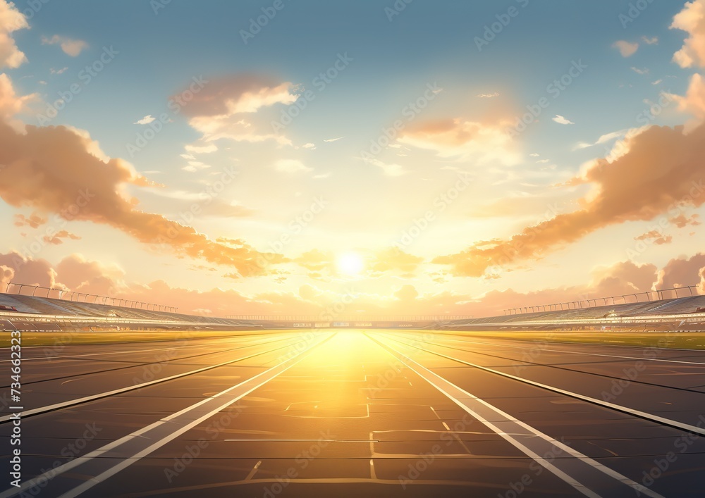 Evening view of a race track with a bright orange sky and the sun shining through the clouds. Evening view of a race track with a bright orange sky and the sun shining through the clouds.