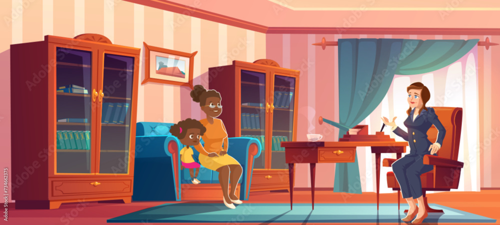 Mother with daughter and woman in business suit sitting in therapist office or school principal cabinet. Cartoon vector illustration of appointment with psychologist or conversation with director. Mother with daughter and woman in business suit sitting in therapist office or school principal cabinet. Cartoon vector illustration of appointment with psychologist or conversation with director.