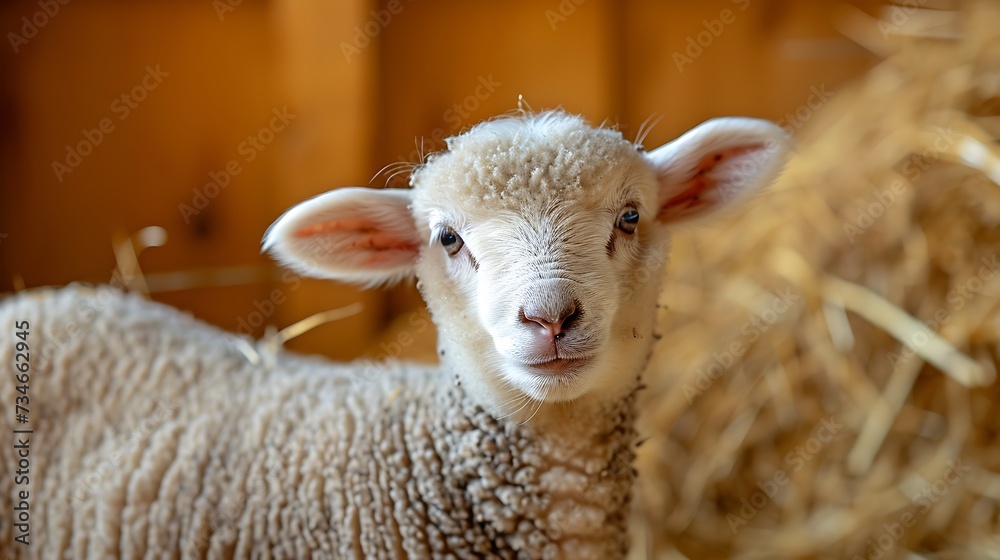 Fototapeta premium Portrait of lovely lamb staring at the camera in cattle barn