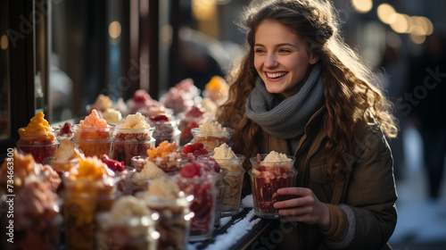 Dans une rue anim  e  un vendeur de glaces offre des   chantillons gratuits  attirant les passants avec ses saveurs exotiques et color  es.