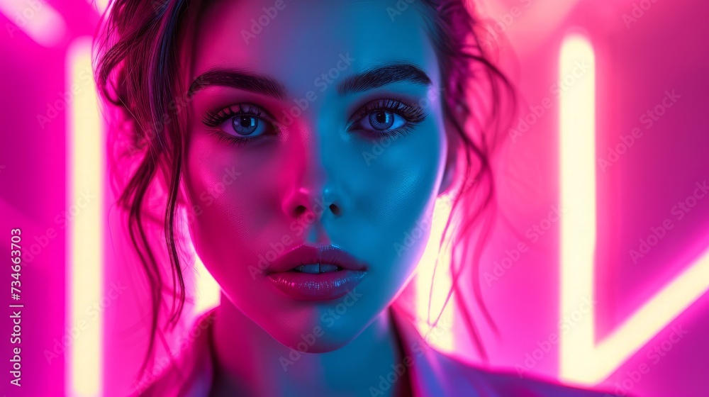 Obraz premium ピンクネオンと美女ポートレート,Generative AI AI画像