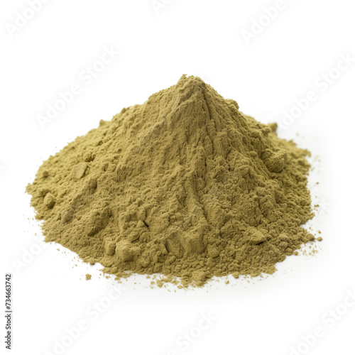 close up pile of finely dry organic fresh raw scullcap herb powder isolated on white background. bright colored heaps of herbal, spice or seasoning recipes clipping path. selective focus