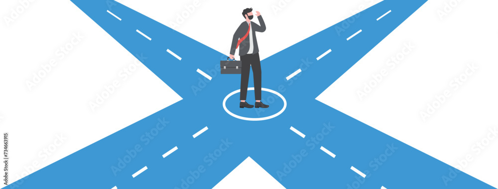 Businessman Standing on the Crossroads for Decision Which Way to the future. Bifurcated road. Abstract vector illustration.
Businessman Standing on the Crossroads for Decision Which Way to the future. Bifurcated road. Abstract vector illustration.