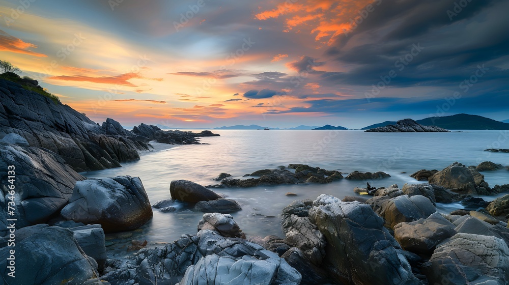 Sea stone shore, rocky surface, sunset with colorful sky over the sea
