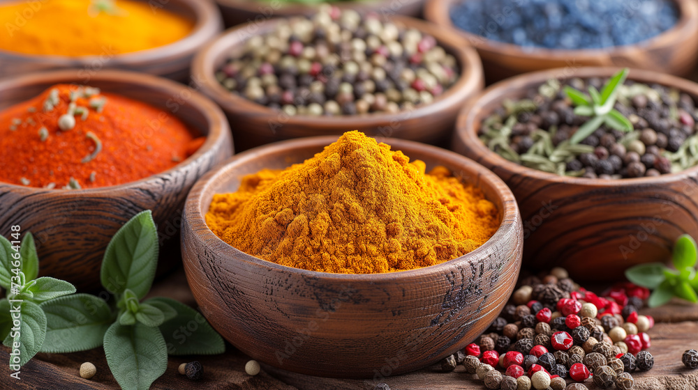 Collection of cancer fighting herbs and spices in large wooden bowls. Collection of cancer fighting herbs and spices in large wooden bowls.