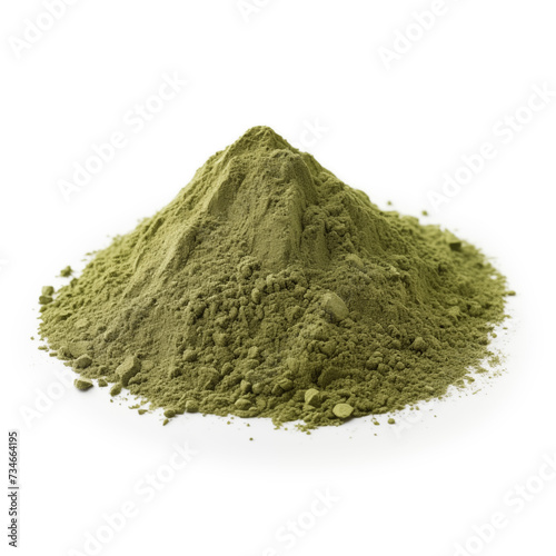 close up pile of finely dry organic fresh raw seaweed powder isolated on white background. bright colored heaps of herbal, spice or seasoning recipes clipping path. selective focus