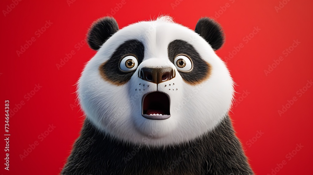Shocked panda with big eyes isolated on red background