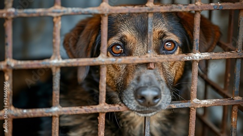 Stray homeless dog in animal shelter cage with a sad abandoned hungry dog behind old rusty grid of the cage in shelter for homeless animals