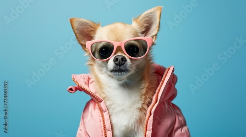 stylish Chihuahua dog in trendy sunglasses and pink jacket against blue background © Emma