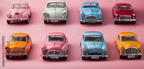 A top view capturing the nostalgia of vintage toy cars arranged in a creative layout on a pastel pink surface, providing an ideal space for text
