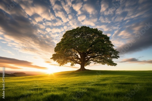 A solitary oak tree stands in a lush field, illuminated by the warm glow of a setting sun under a cloud-streaked sky.