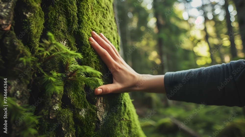 Person is seen touching tree trunk covered in moss. This image can be used to portray connection with nature or to illustrate beauty of forest environment Person is seen touching tree trunk covered in moss. This image can be used to portray connection with nature or to illustrate beauty of forest environment