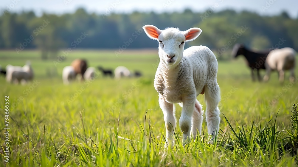 White lamb in field in front of other animals White lamb in field in front of other animals