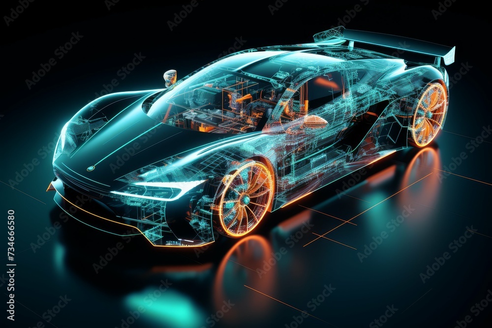 A high-tech concept car displayed as a transparent digital wireframe on a dark background with glowing lines.