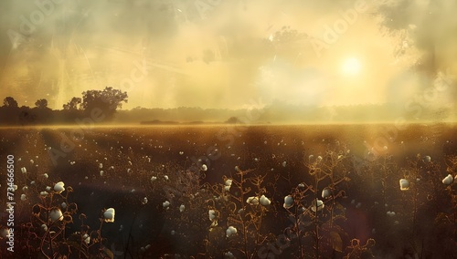 Serene sunset over a blossoming field  ethereal light spreading warmth. peaceful countryside landscape for tranquil moments. perfect for decor and background use. AI
