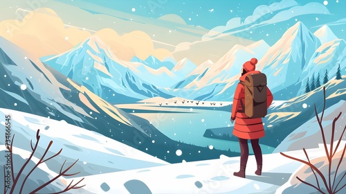 person in the mountains, woman traveler against winter landscape 