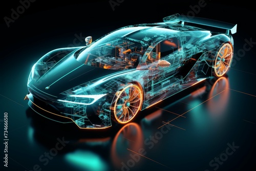 A high-tech concept car displayed as a transparent digital wireframe on a dark background with glowing lines.