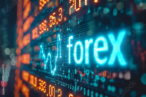 A dynamic digital display of forex market trading data with glowing blue numbers and graphs.