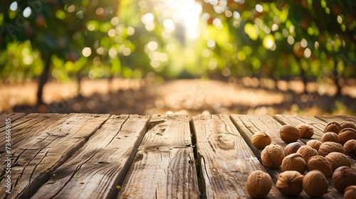 Nut Grove Tranquility: A Wooden Table, Empty with Abundant Copy Space, Placed over a Nuts Field Background, Eliciting Thoughts of Fresh Harvest and Agricultural Serenity