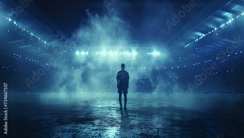Mysterious person stands in blue neon lights with a futuristic ambiance. surreal scene  concept art. AI
