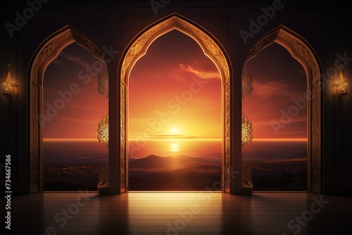 Beautiful Classic Sunset Ramadan Kareme Mosque Window Custom Photo Background