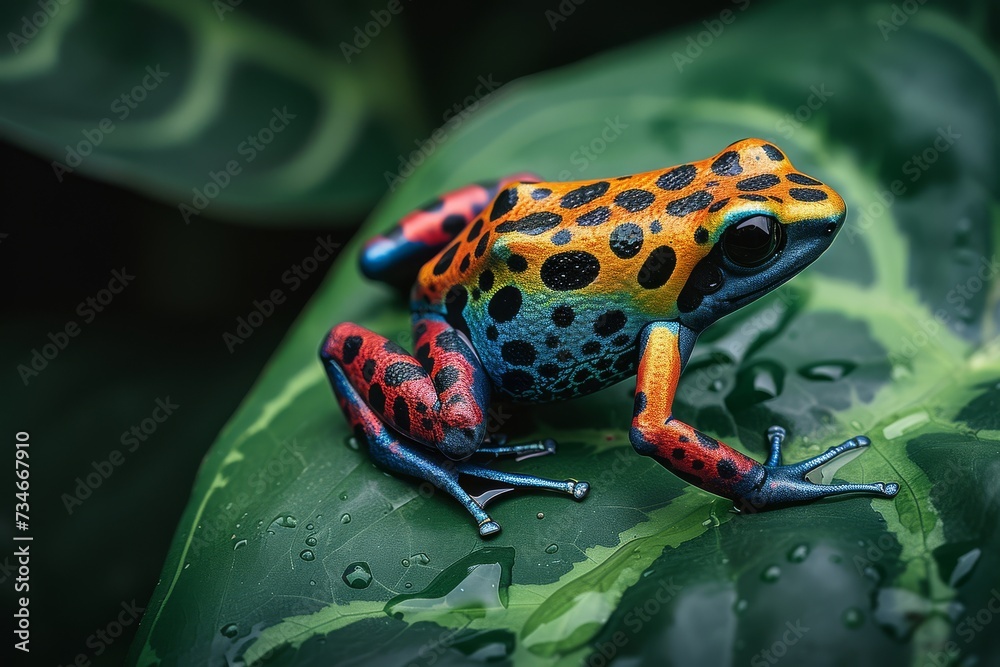 Colorful poison dart frog sitting on wet green leaves after rain. Colorful poison dart frog sitting on wet green leaves after rain.