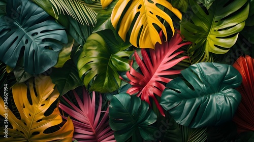 multicolor a scene that lush and exotic beauty of tropical leaves, transporting viewers to a tropical paradise where foliage thrives in its natural habitat 