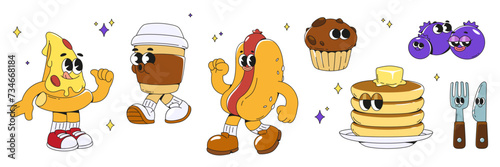 Food groovy cartoon character set with cute smiley faces. Fast food and drink with emotions - pizza triangle piece and hot dog with sausage, plastic cup of coffee and pancakes, muffin and blueberries.