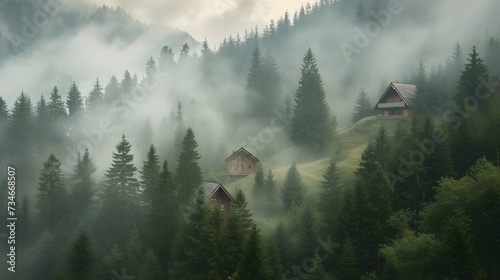 Misty mountain retreat with wooden cabins and pine forests photo