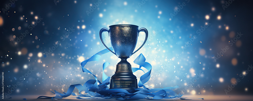 Trophy With Blue Ribbon Against a Sparkling Background