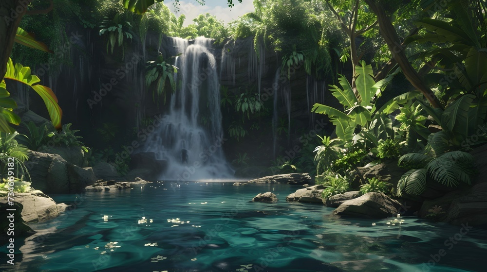 Naklejka premium Majestic waterfall with crystal-clear pool in a jungle