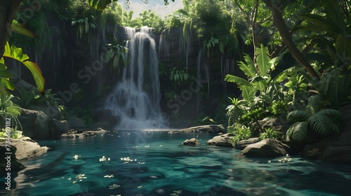 Majestic waterfall with crystal-clear pool in a jungle