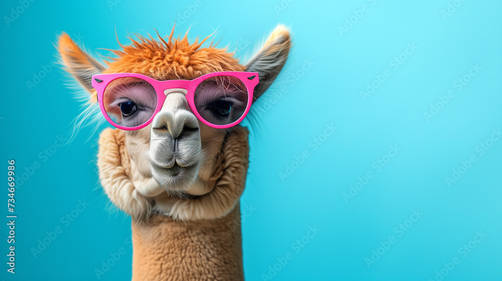 Funny face Alpaca isolated on pastel blue background. South American Camelid.