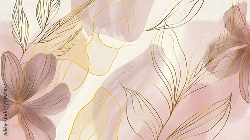 Luxury minimal style wallpaper with golden line art flower and botanical leaves, Organic shapes, and Watercolor #734670137