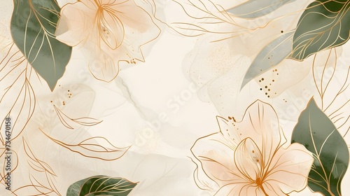 Luxury minimal style wallpaper with golden line art flower and botanical leaves, Organic shapes, and Watercolor