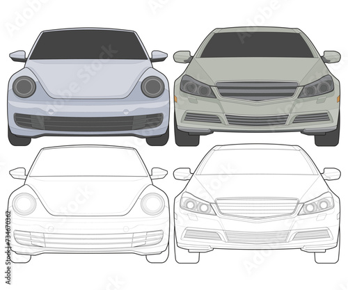 Set of front view Vector Illustration of Isolated highlight  color car on white background, Vehicle in a Flat Cartoon Style.