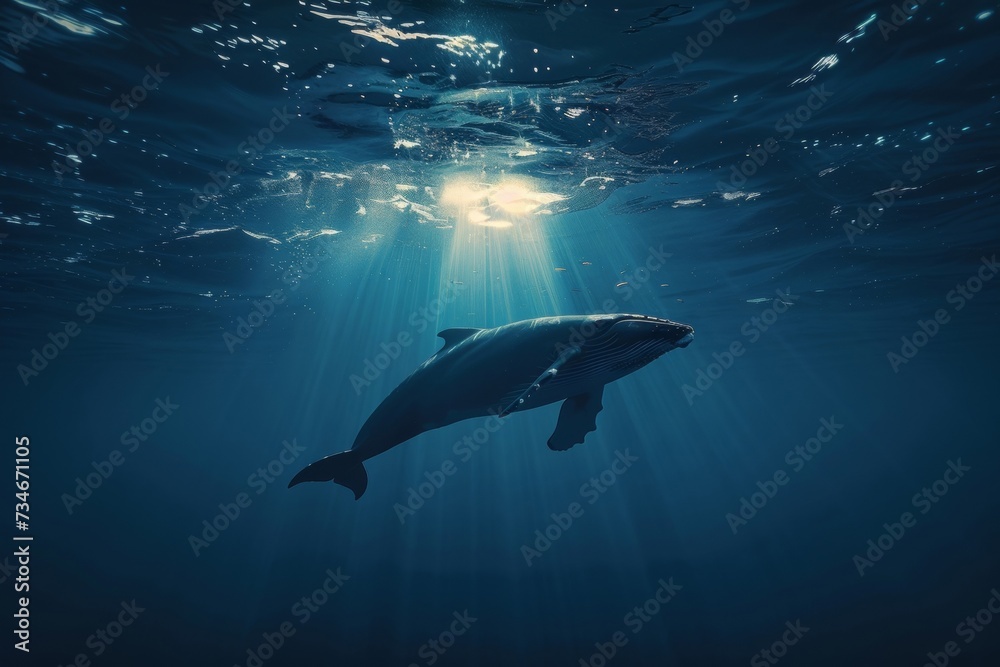 A majestic whale ascends towards shimmering sunlight, piercing the ocean's depths. A majestic whale ascends towards shimmering sunlight, piercing the ocean's depths.