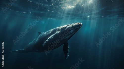 A majestic whale ascends towards shimmering sunlight  piercing the ocean s depths.