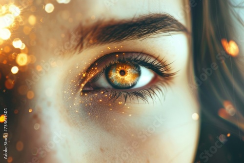 The young woman's gaze pierces through the mystical lights, her eyes revealing a deep spiritual connection and a clairvoyant insight.