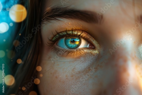 The young woman\'s gaze pierces through the mystical lights, her eyes revealing a deep spiritual connection and a clairvoyant insight.