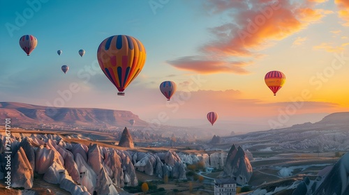 Hot air balloon soaring over colorful fields and rivers, passengers enjoying the view from above.