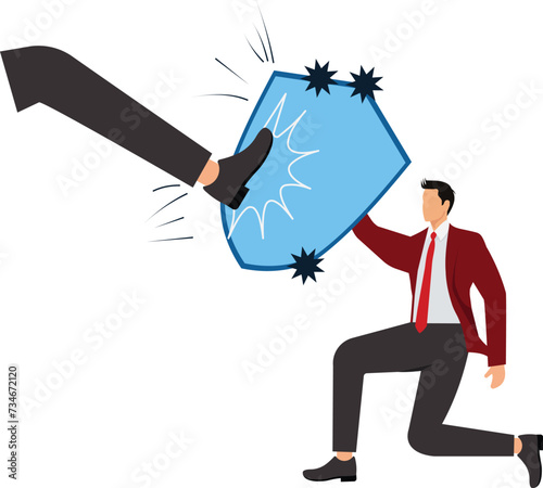 Businessman blocking a kick big shoe with one hand, Woman power concept