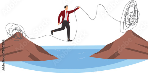 Businessman walking on a messily tangled tight rope and unraveling it
