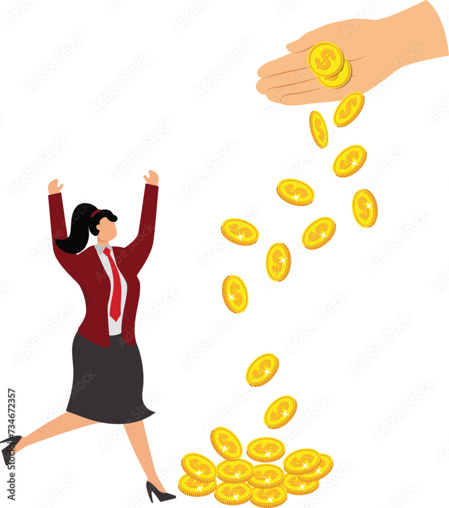 Big hand giving dollar currency money to entice businesswoman Big hand giving dollar currency money to entice businesswoman