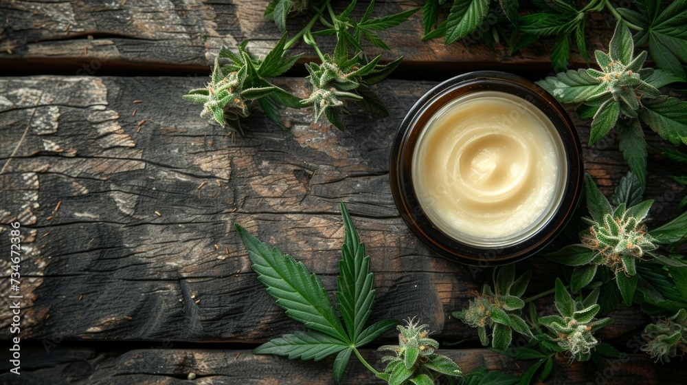 CBD cream offers natural relief for sore muscles, displayed alongside healing hemp leaves and potent cannabis buds on a charming wooden table. - obrazy, fototapety, plakaty 
