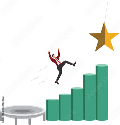 Businessman trying to catch star by jumping on trampoline
