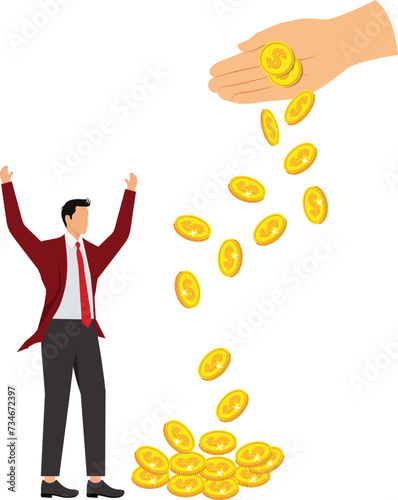 Big hand giving dollar currency money to entice businessman