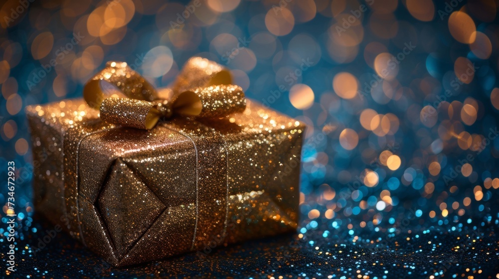 Gold gift box with shiny ribbon on blue glitter background, perfect for Christmas, birthday, or anniversary card. Gold gift box with shiny ribbon on blue glitter background, perfect for Christmas, birthday, or anniversary card.
