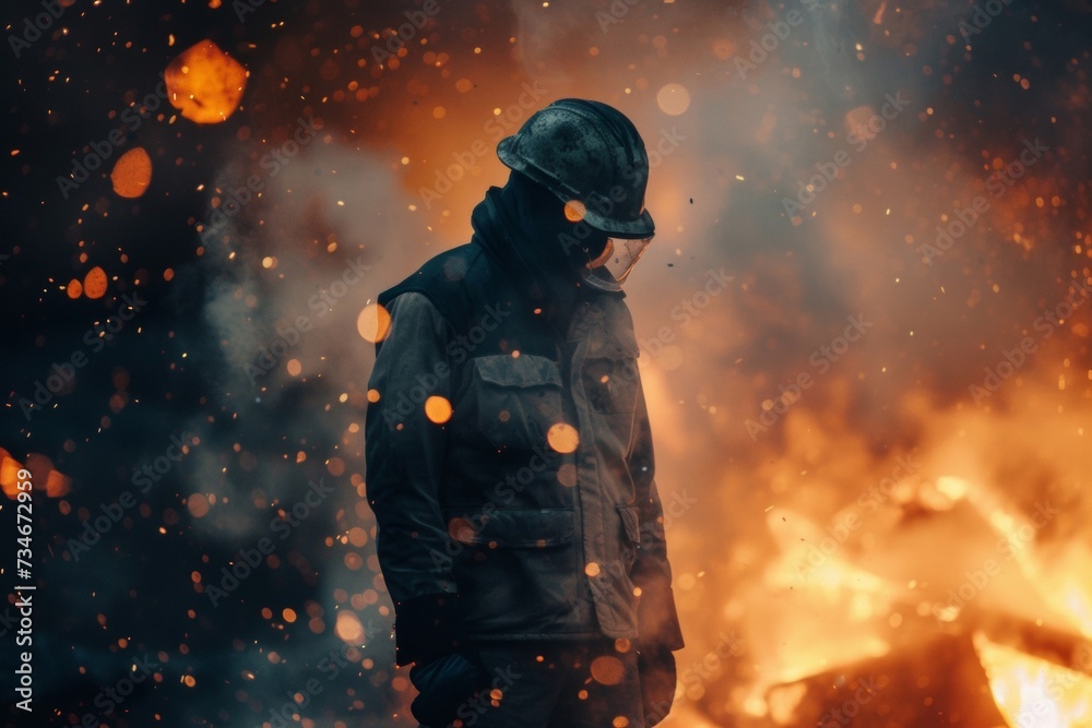 A laborer stands before a roaring blast furnace as liquid metal flows behind him. A laborer stands before a roaring blast furnace as liquid metal flows behind him.